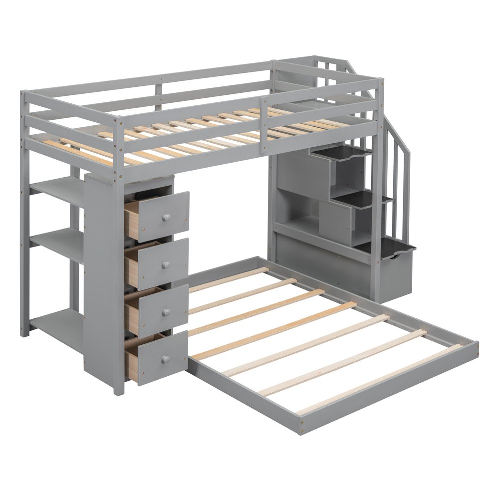 Gray Twin Over Full Wood Bunk Bed With Stairs And Drawers And Storage