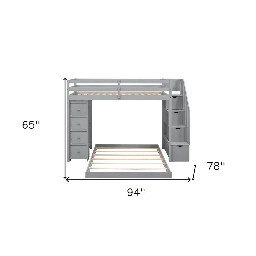Gray Twin Over Full Wood Bunk Bed With Stairs And Drawers And Storage