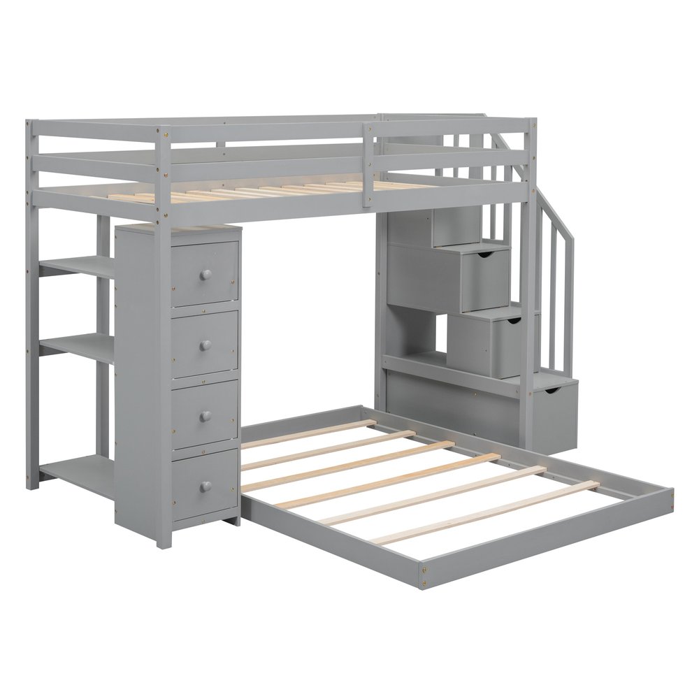 Gray Twin Over Full Wood Bunk Bed With Stairs And Drawers And Storage
