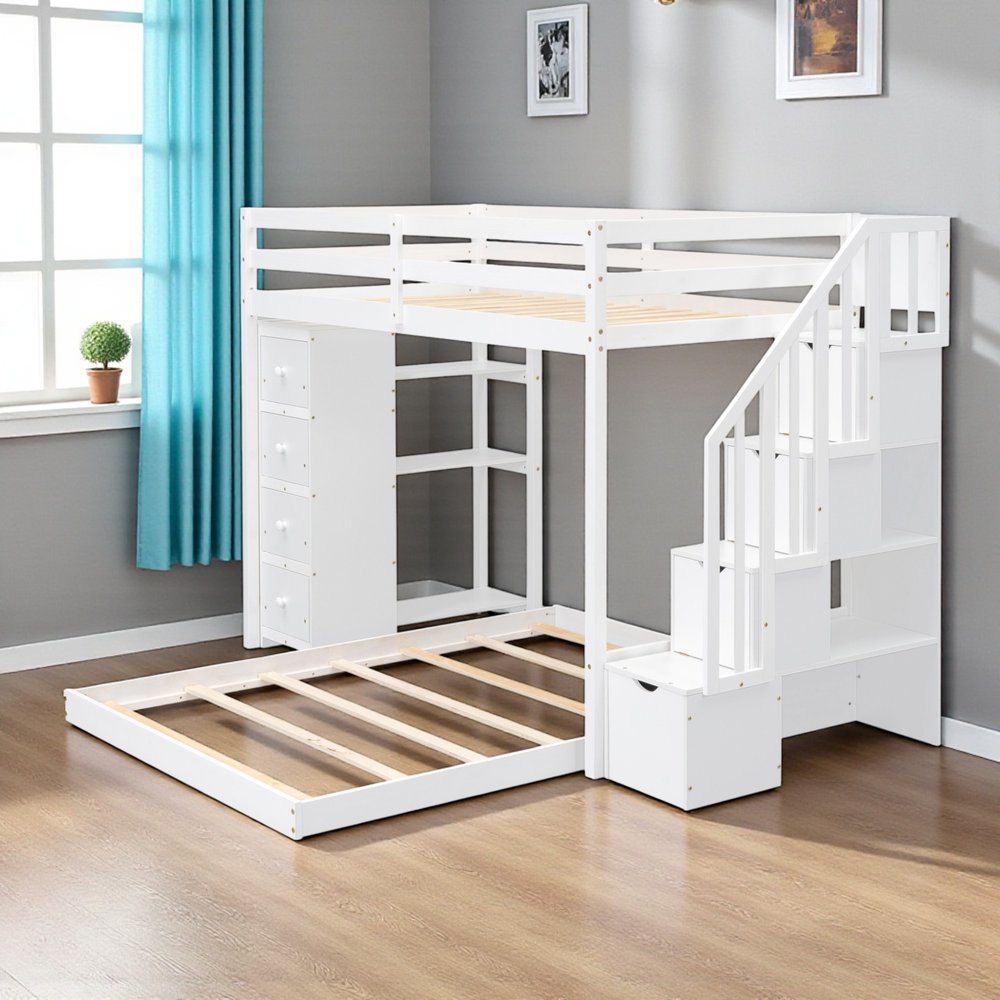 White Twin Over Full Wood Bunk Bed With Stairs And Drawers And Storage