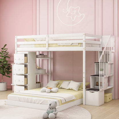 White Twin Over Full Wood Bunk Bed With Stairs And Drawers And Storage