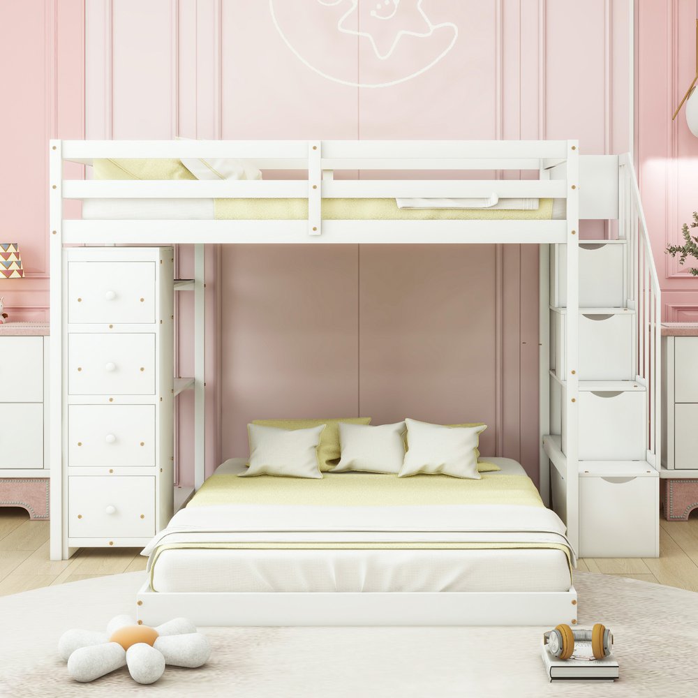 White Twin Over Full Wood Bunk Bed With Stairs And Drawers And Storage