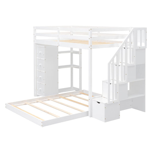 White Twin Over Full Wood Bunk Bed With Stairs And Drawers And Storage