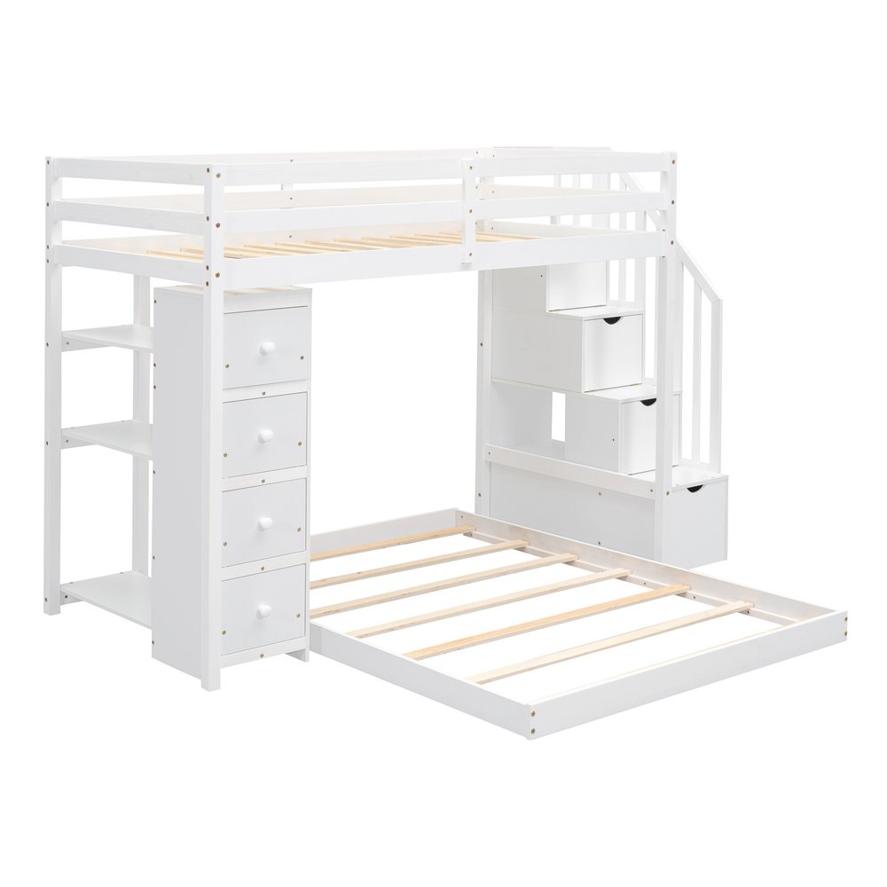White Twin Over Full Wood Bunk Bed With Stairs And Drawers And Storage