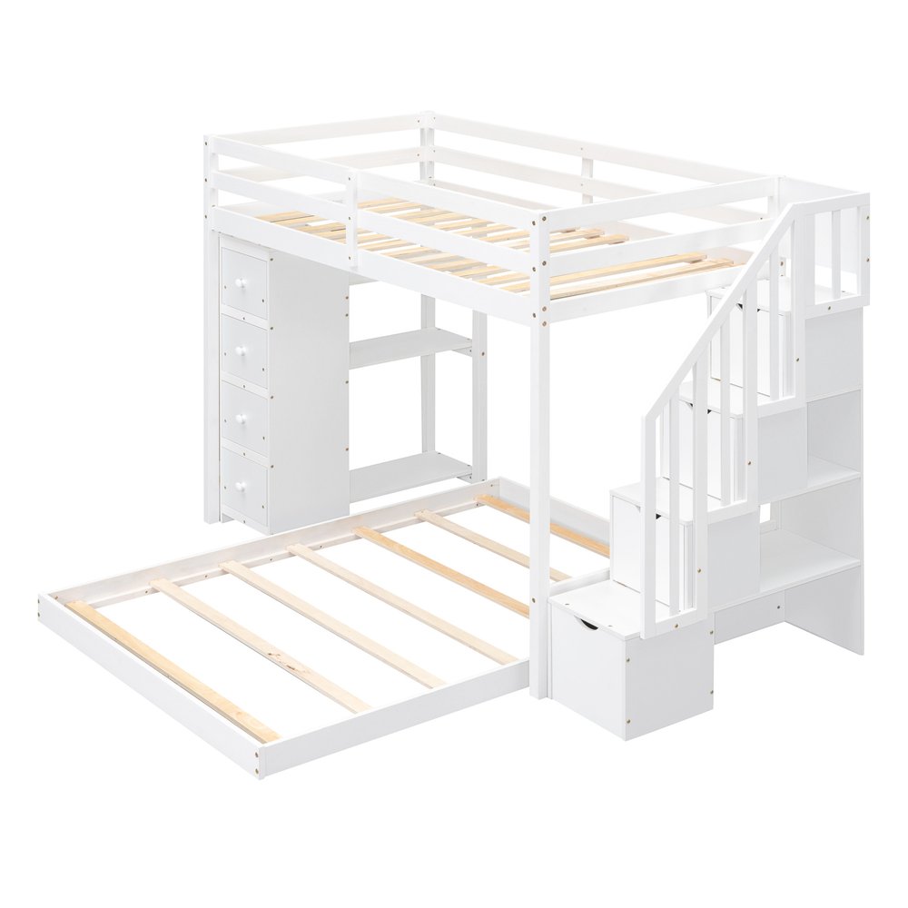 White Twin Over Full Wood Bunk Bed With Stairs And Drawers And Storage