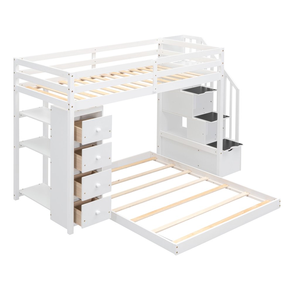 White Twin Over Full Wood Bunk Bed With Stairs And Drawers And Storage