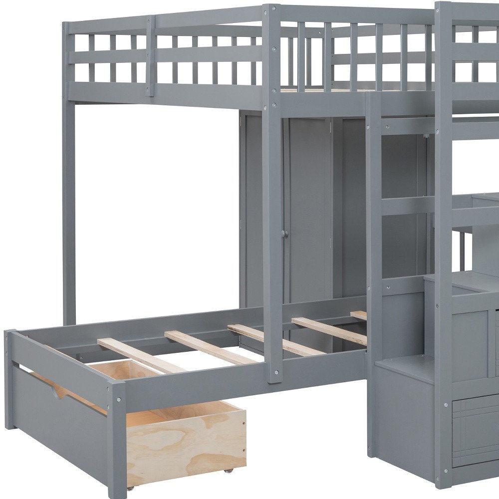 Gray Full Over Twin Wood Bunk Bed With Stairs And Drawers And Storage