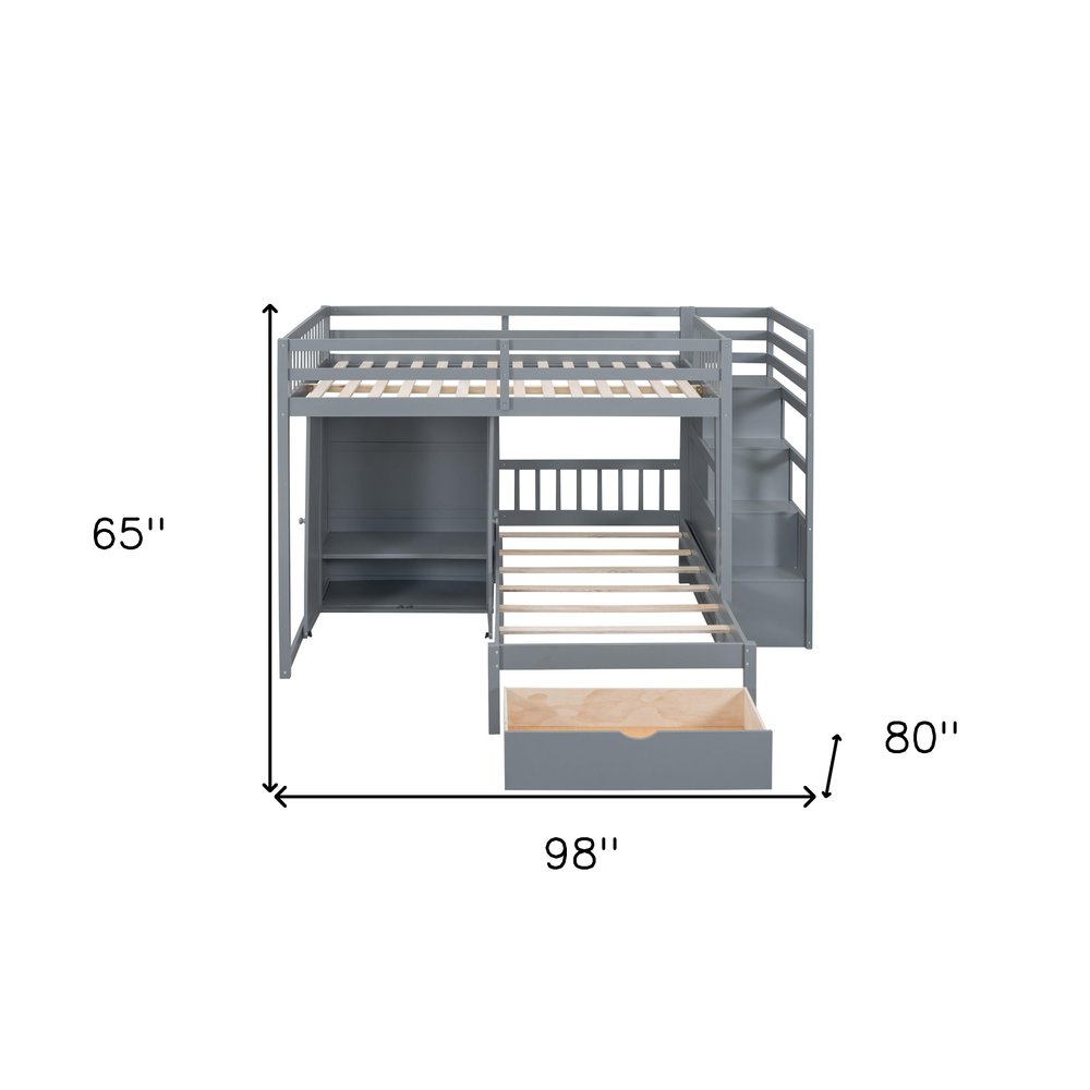 Gray Full Over Twin Wood Bunk Bed With Stairs And Drawers And Storage