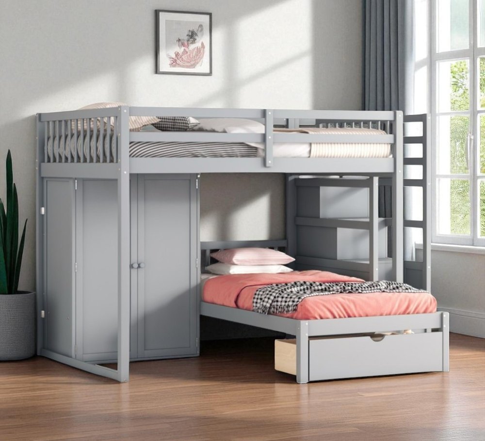 Gray Full Over Twin Wood Bunk Bed With Stairs And Drawers And Storage