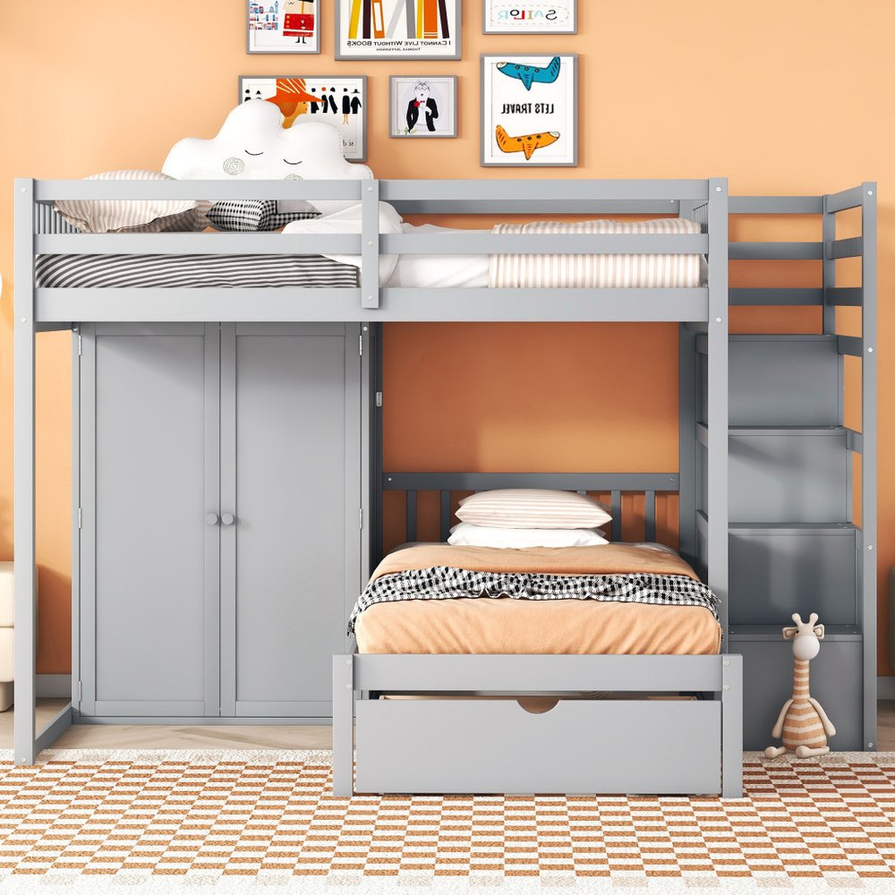 Gray Full Over Twin Wood Bunk Bed With Stairs And Drawers And Storage