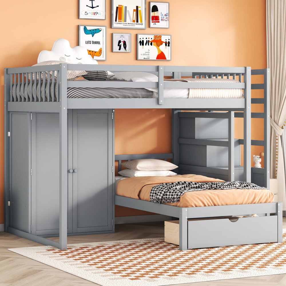 Gray Full Over Twin Wood Bunk Bed With Stairs And Drawers And Storage