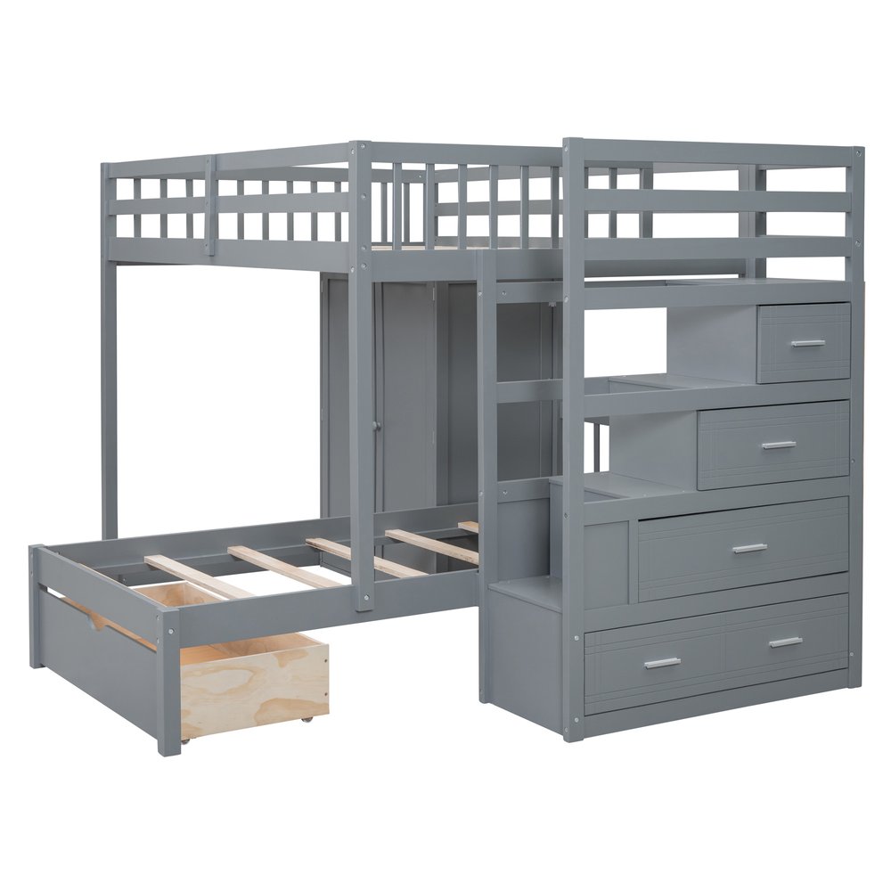 Gray Full Over Twin Wood Bunk Bed With Stairs And Drawers And Storage