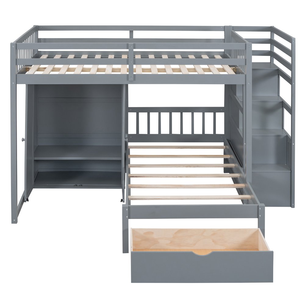 Gray Full Over Twin Wood Bunk Bed With Stairs And Drawers And Storage