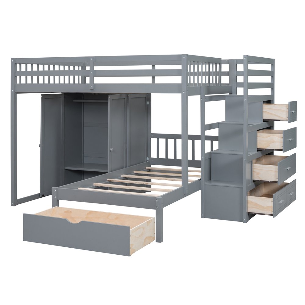 Gray Full Over Twin Wood Bunk Bed With Stairs And Drawers And Storage