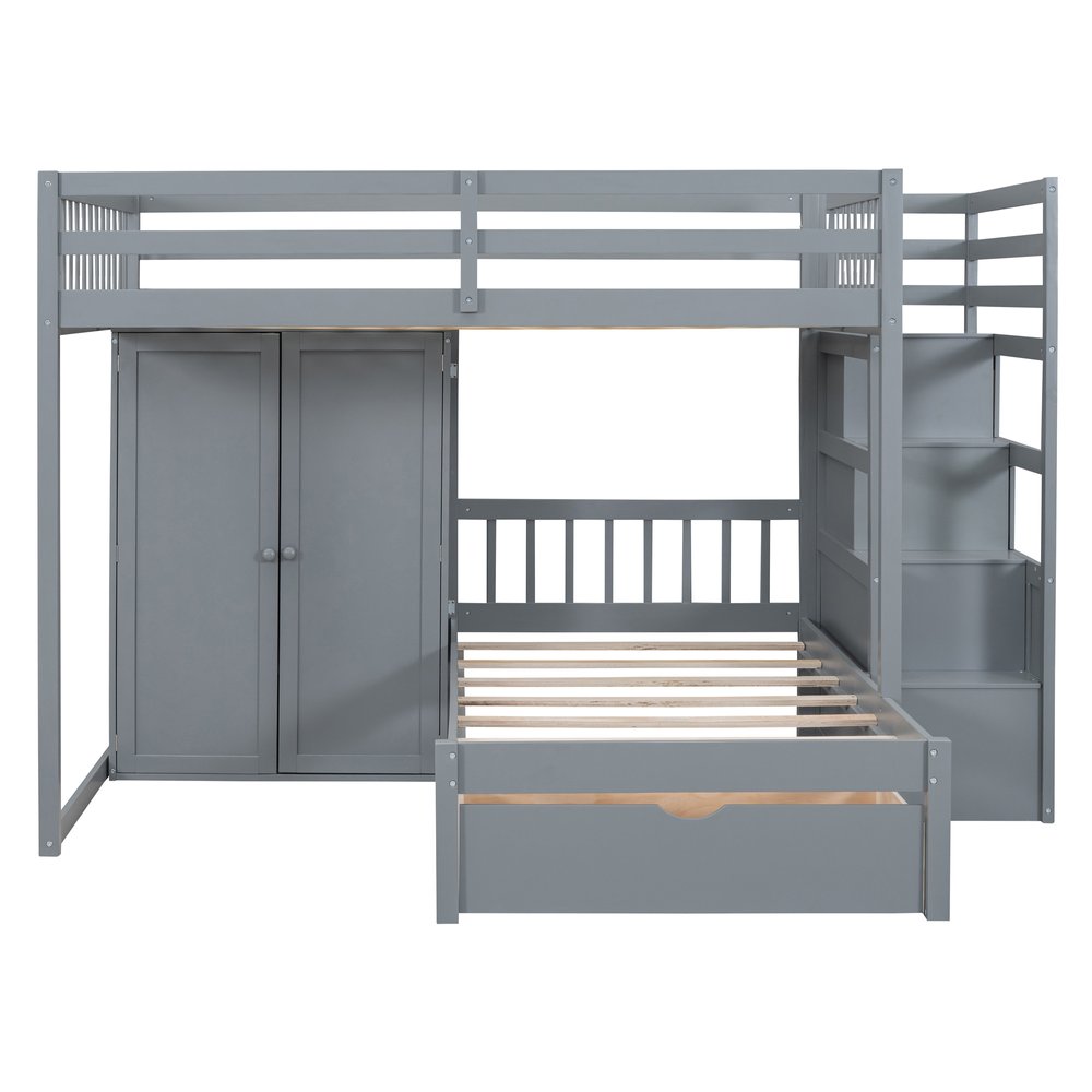 Gray Full Over Twin Wood Bunk Bed With Stairs And Drawers And Storage