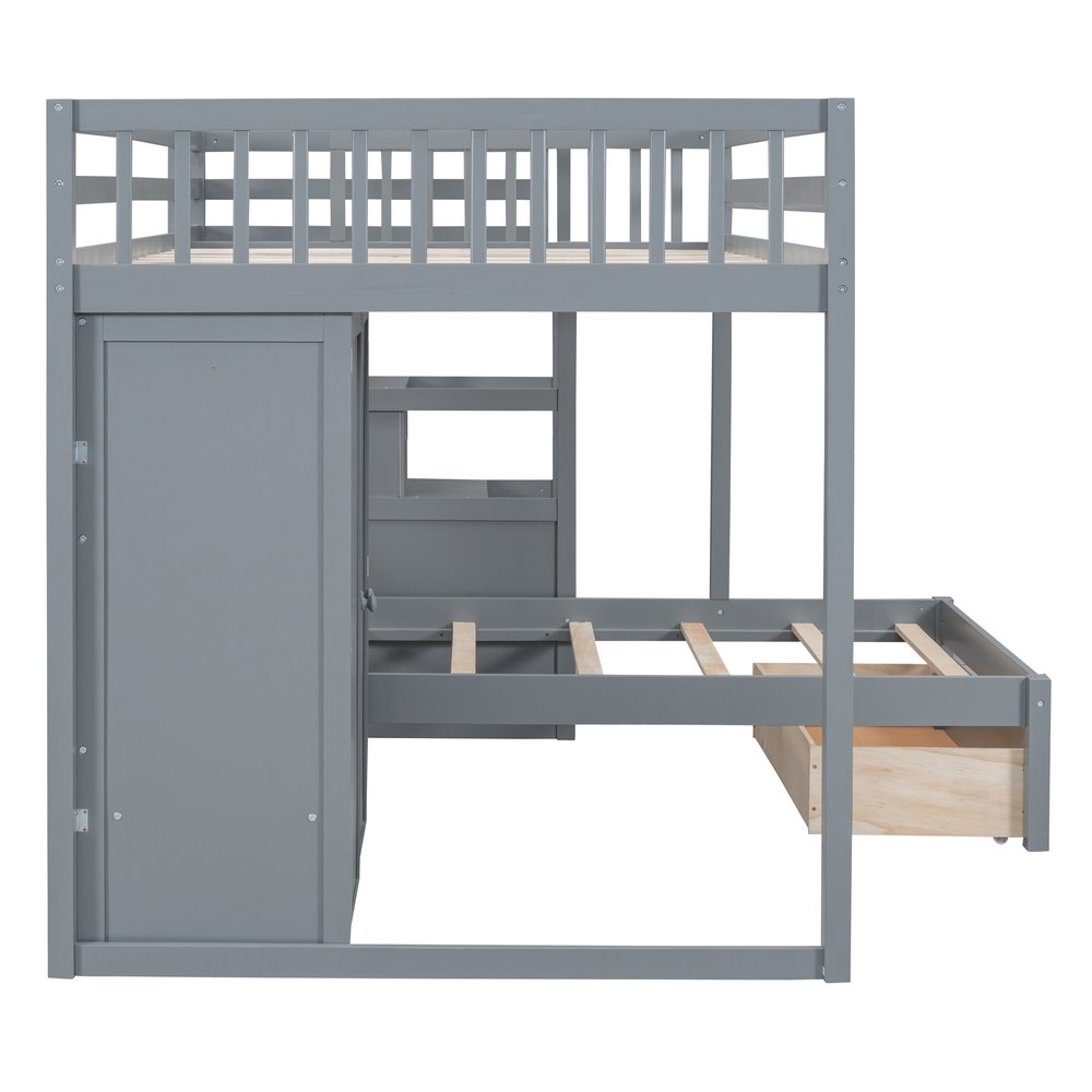 Gray Full Over Twin Wood Bunk Bed With Stairs And Drawers And Storage