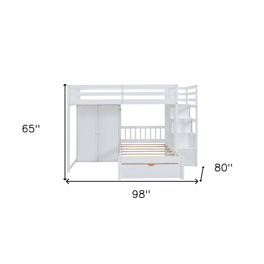 White Full Over Twin Wood Bunk Bed With Stairs And Drawers And Storage