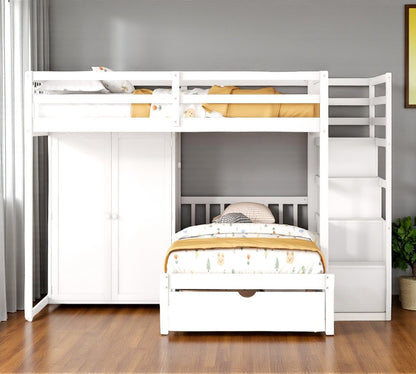 White Full Over Twin Wood Bunk Bed With Stairs And Drawers And Storage