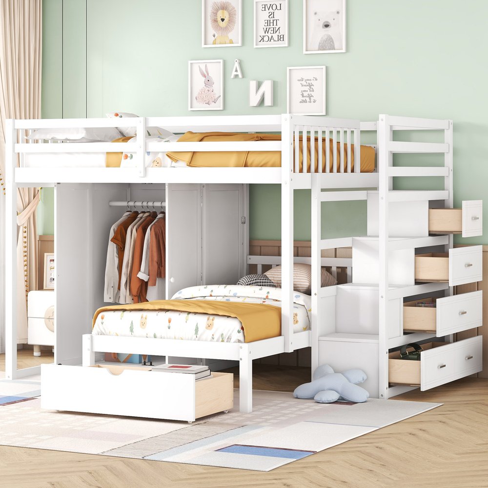 White Full Over Twin Wood Bunk Bed With Stairs And Drawers And Storage
