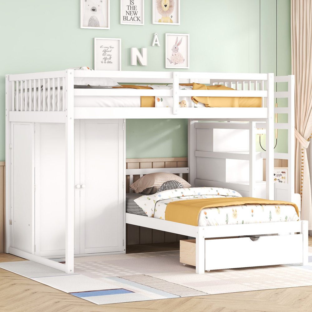 White Full Over Twin Wood Bunk Bed With Stairs And Drawers And Storage