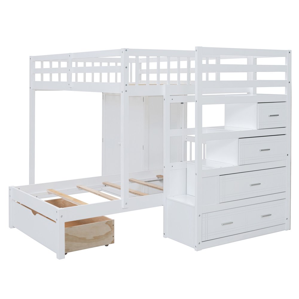 White Full Over Twin Wood Bunk Bed With Stairs And Drawers And Storage