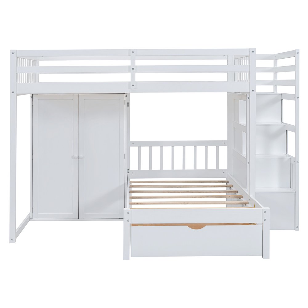 White Full Over Twin Wood Bunk Bed With Stairs And Drawers And Storage