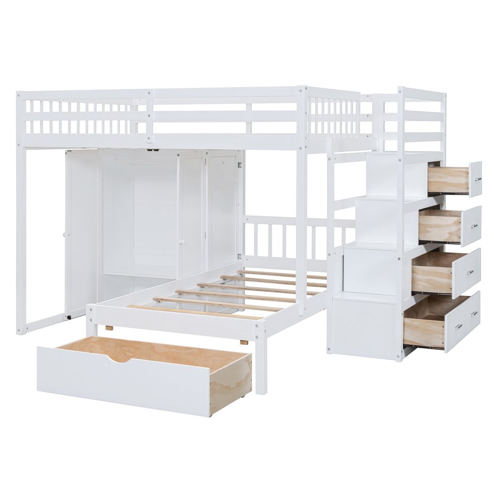 White Full Over Twin Wood Bunk Bed With Stairs And Drawers And Storage