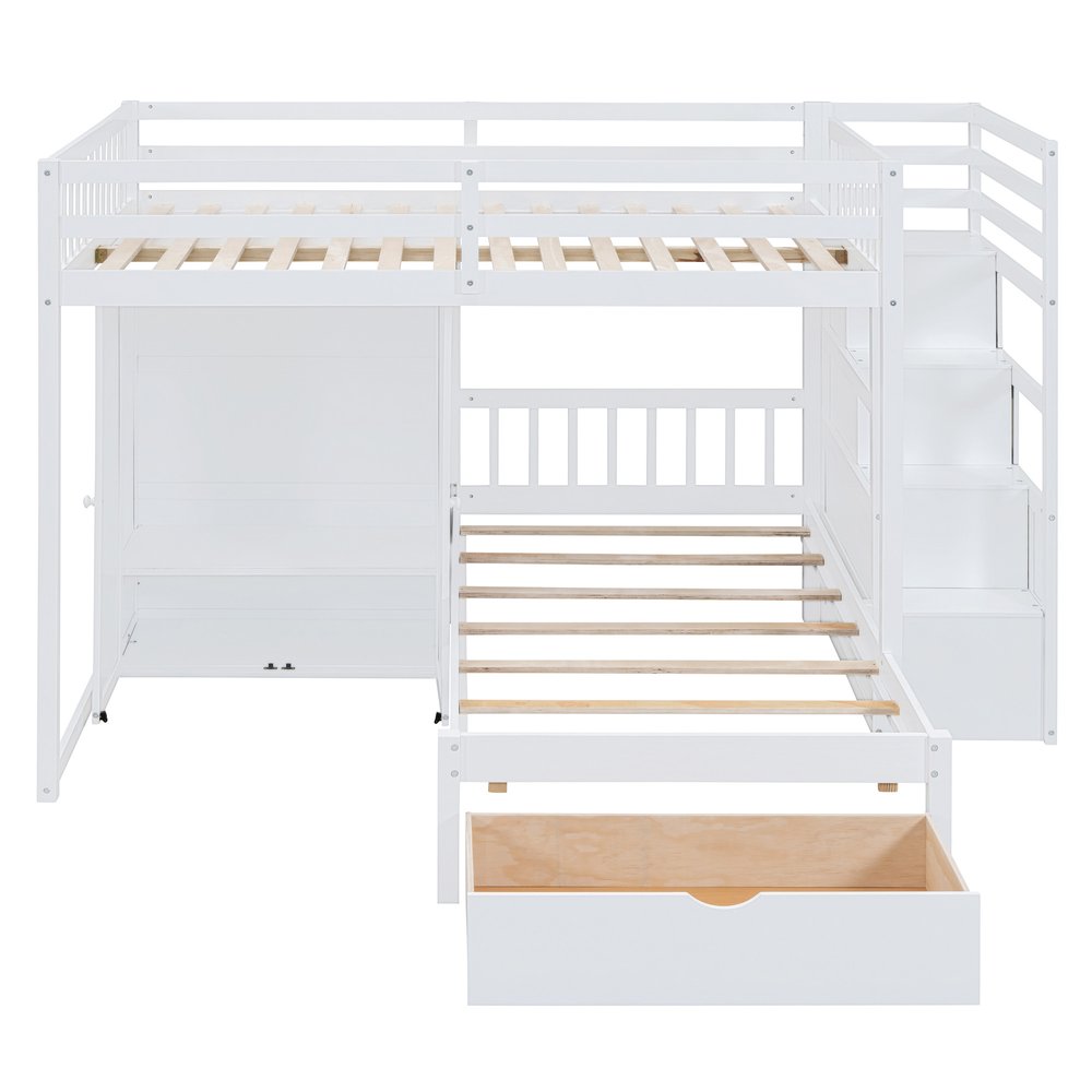 White Full Over Twin Wood Bunk Bed With Stairs And Drawers And Storage