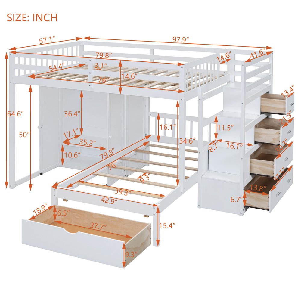 White Full Over Twin Wood Bunk Bed With Stairs And Drawers And Storage
