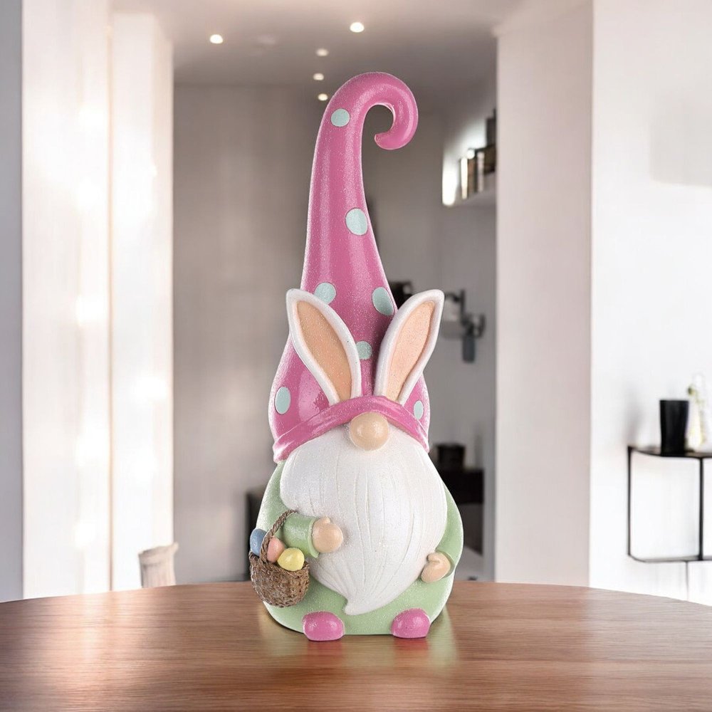 13" Pink Resin Standing Gnome Tabletop Sculpture