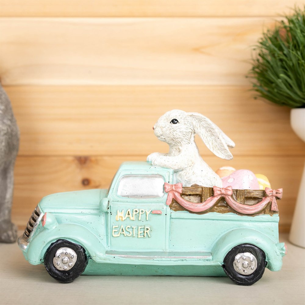 10" Aqua Resin Happy Easter Bunny And Car Figurine