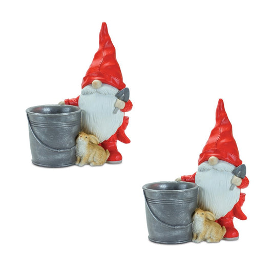 Set of Two Red Polyresin Standing Gnome Tabletop Sculpture