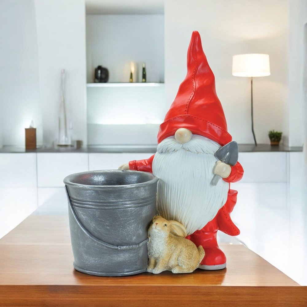 Set of Two Red Polyresin Standing Gnome Tabletop Sculpture