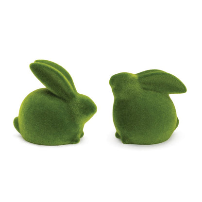 Set of Two Green Faux Moss Covered Terracotta Rabbit Figurines