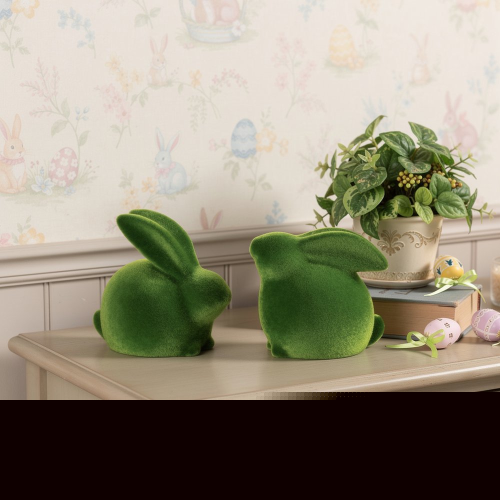 Set of Two Green Faux Moss Covered Terracotta Rabbit Figurines