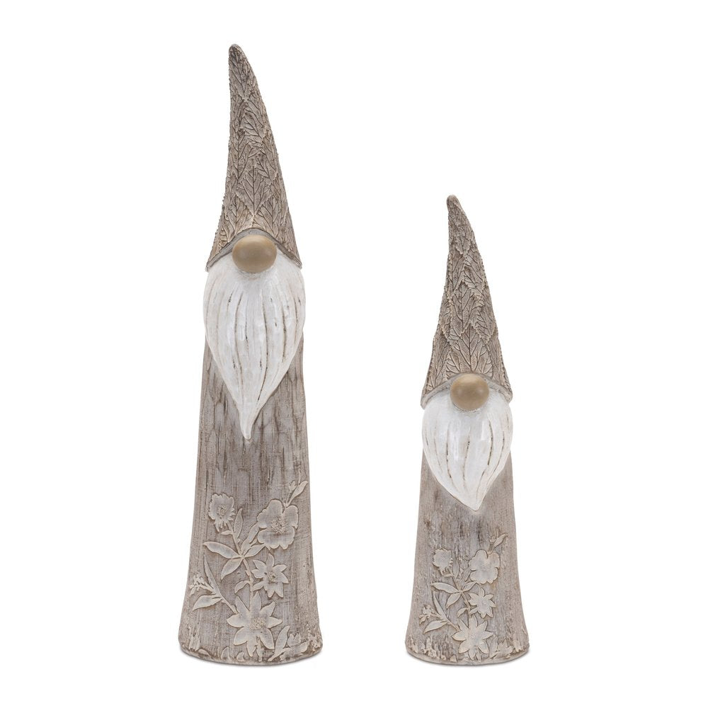 Set of Two Beige Polyresin Standing Gnome Tabletop Sculpture