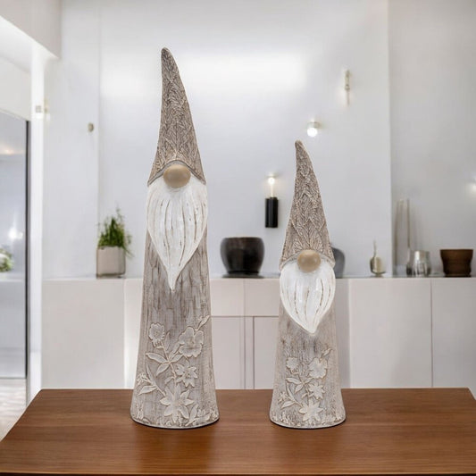 Set of Two Beige Polyresin Standing Gnome Tabletop Sculpture