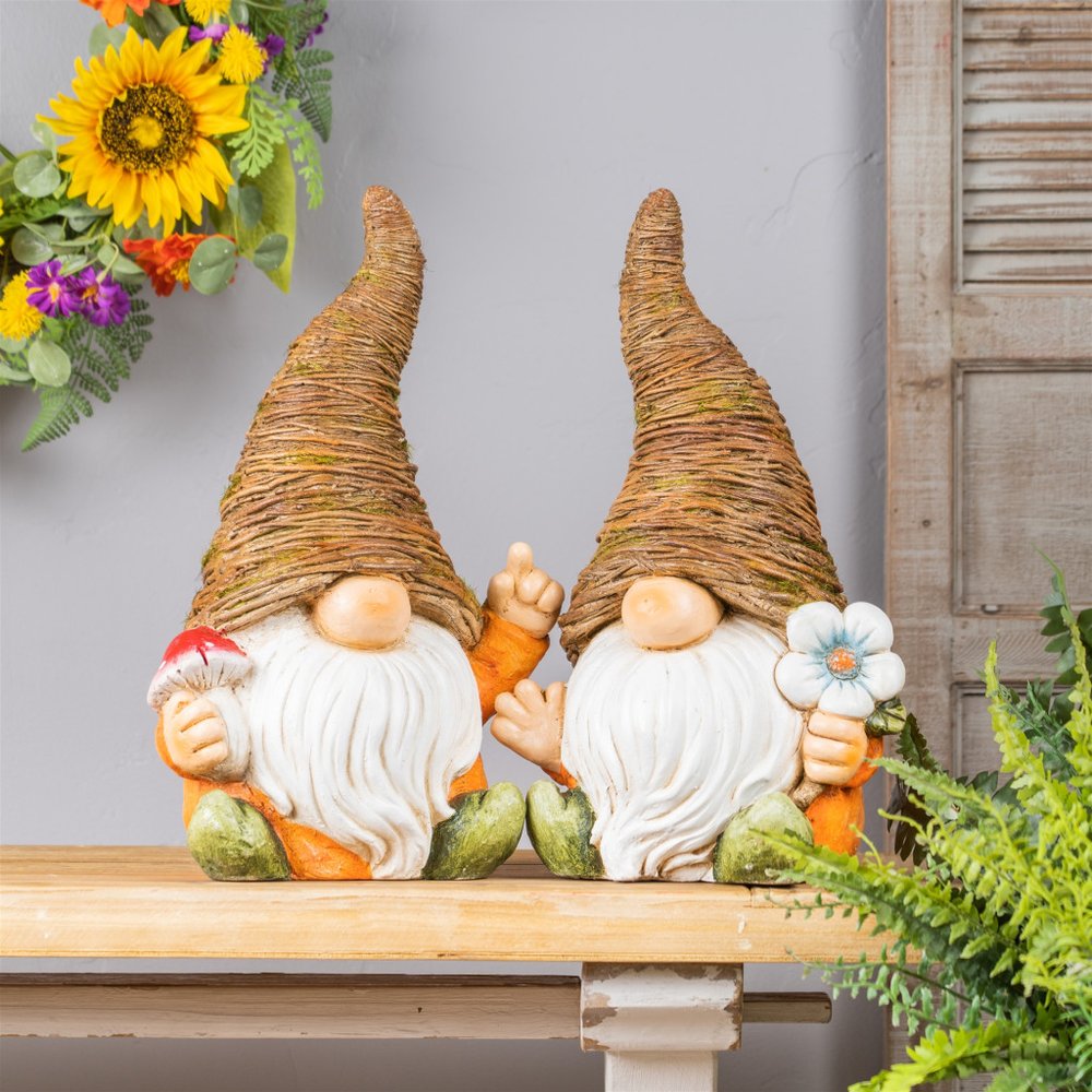 Set of Two Brown Polyresin Standing Gnome Tabletop Sculpture