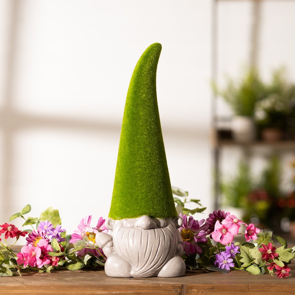 Set of Two Green Terracotta Standing Gnome Tabletop Sculpture