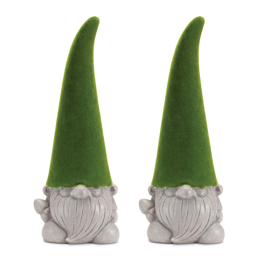 Set of Two Green Terracotta Standing Gnome Tabletop Sculpture