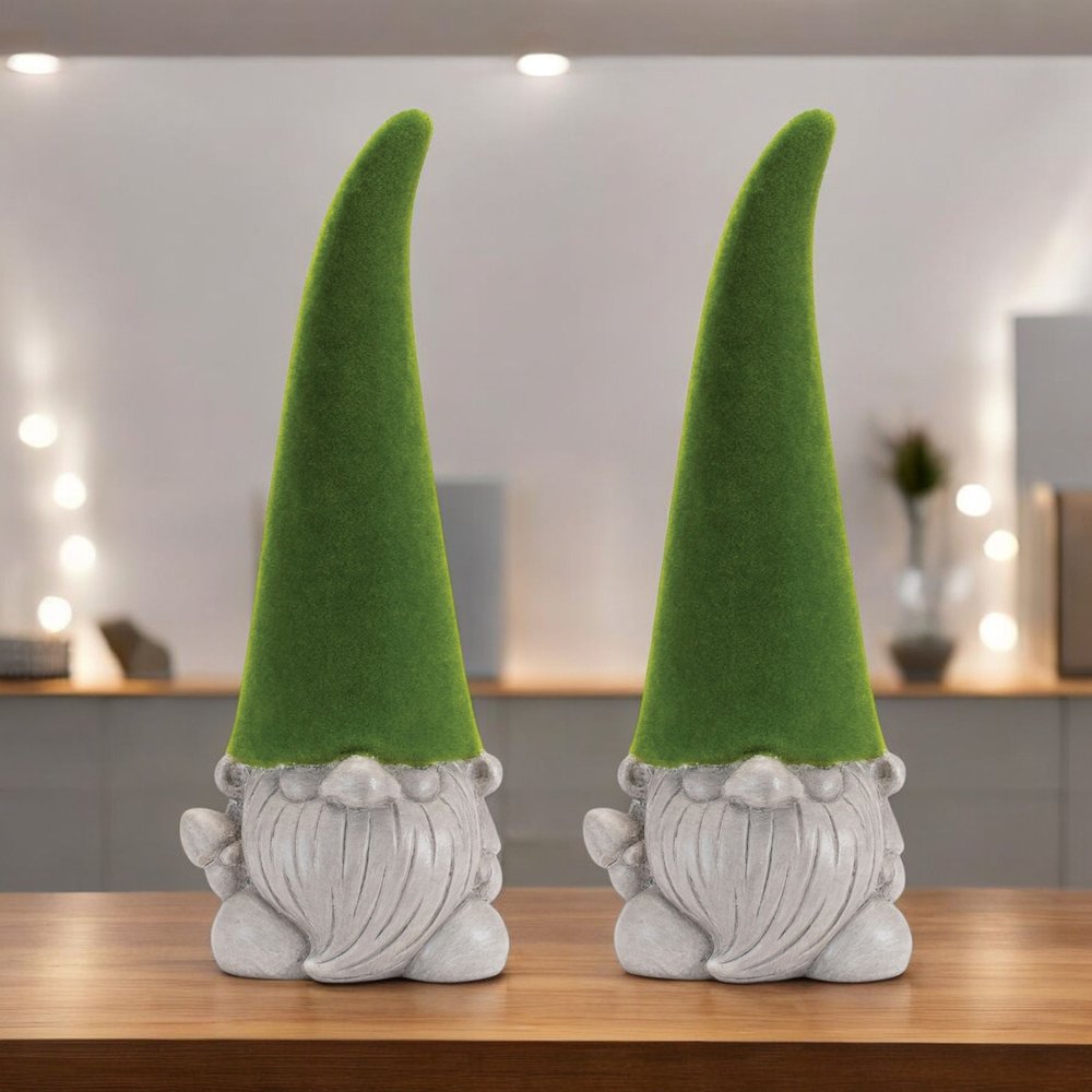 Set of Two Green Terracotta Standing Gnome Tabletop Sculpture
