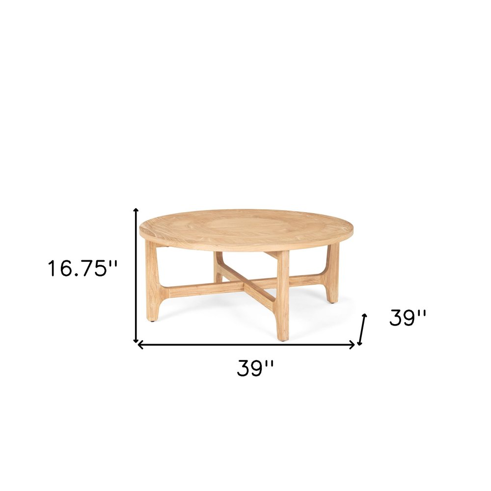 39" Natural and White Solid Wood Round Distressed Coffee Table