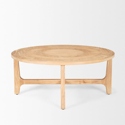 39" Natural and White Solid Wood Round Distressed Coffee Table