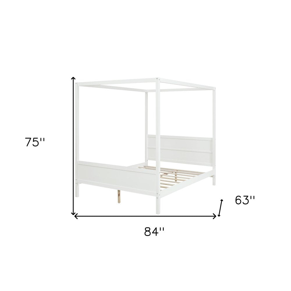 White Inlaid Panels Wood Queen Canopy Bed