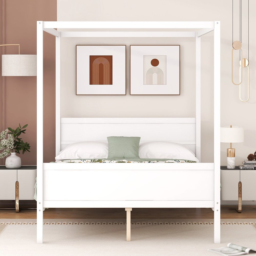 White Inlaid Panels Wood Queen Canopy Bed