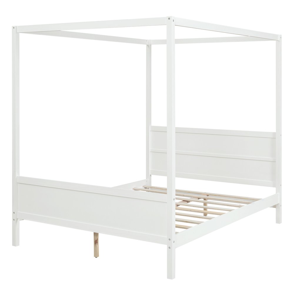 White Inlaid Panels Wood Queen Canopy Bed
