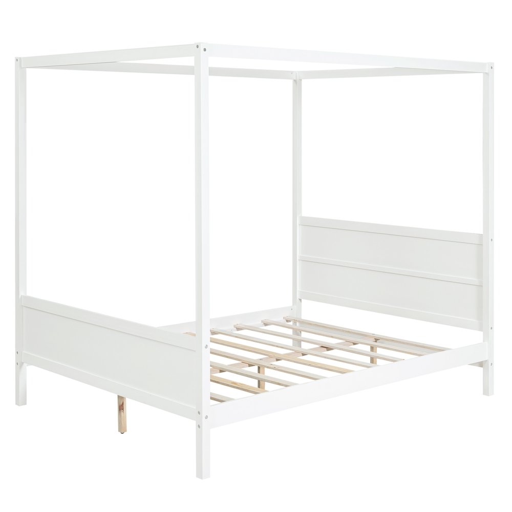 White Inlaid Panels Wood Queen Canopy Bed