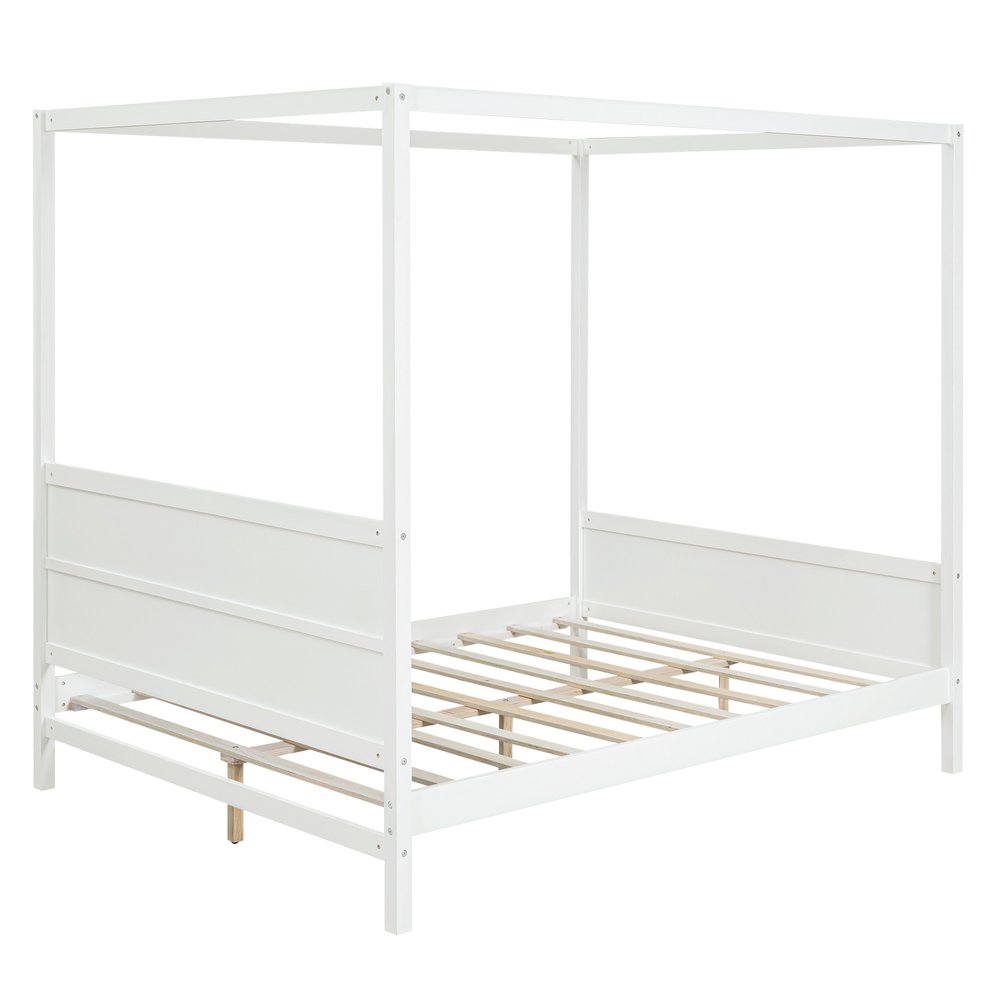 White Inlaid Panels Wood Queen Canopy Bed