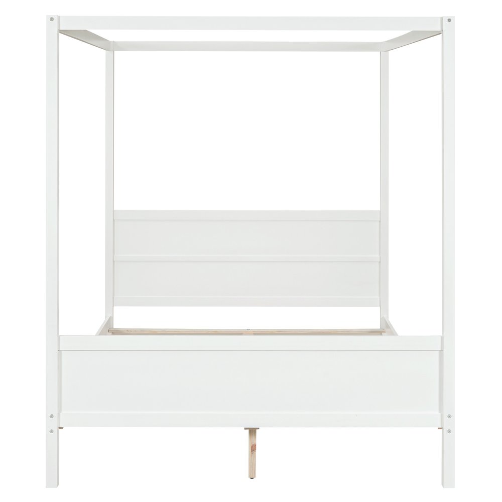 White Inlaid Panels Wood Queen Canopy Bed