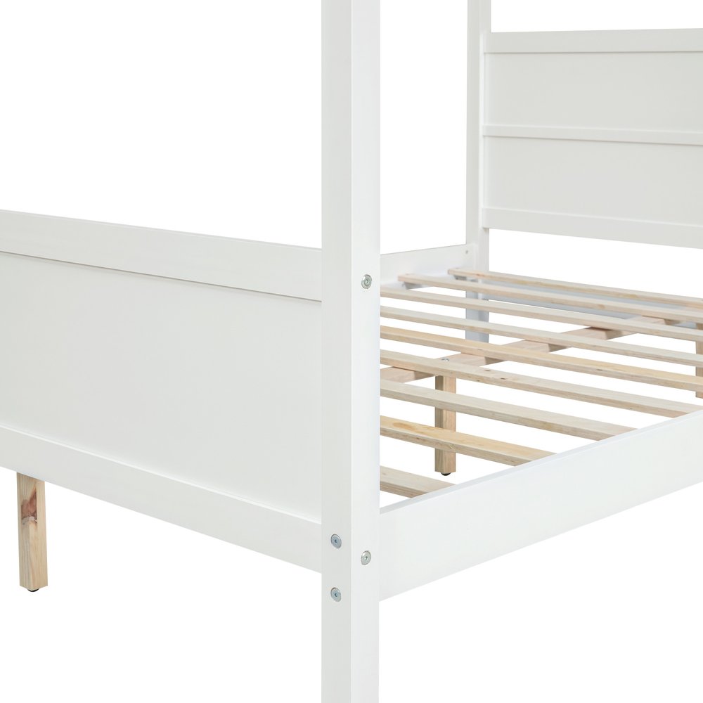 White Inlaid Panels Wood Queen Canopy Bed